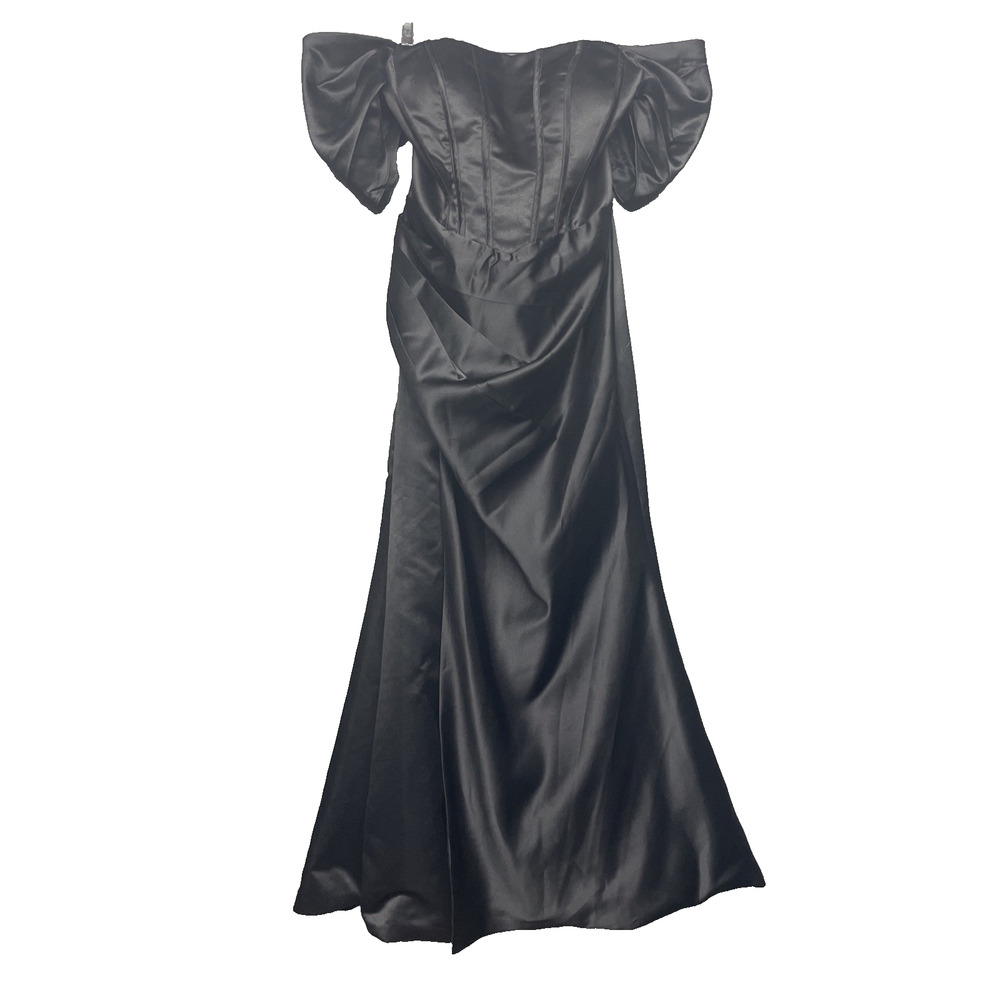 NWT Lavetir Black Satin Off Shoulder Puff Sleeve Midi Formal Dress Size L Corset